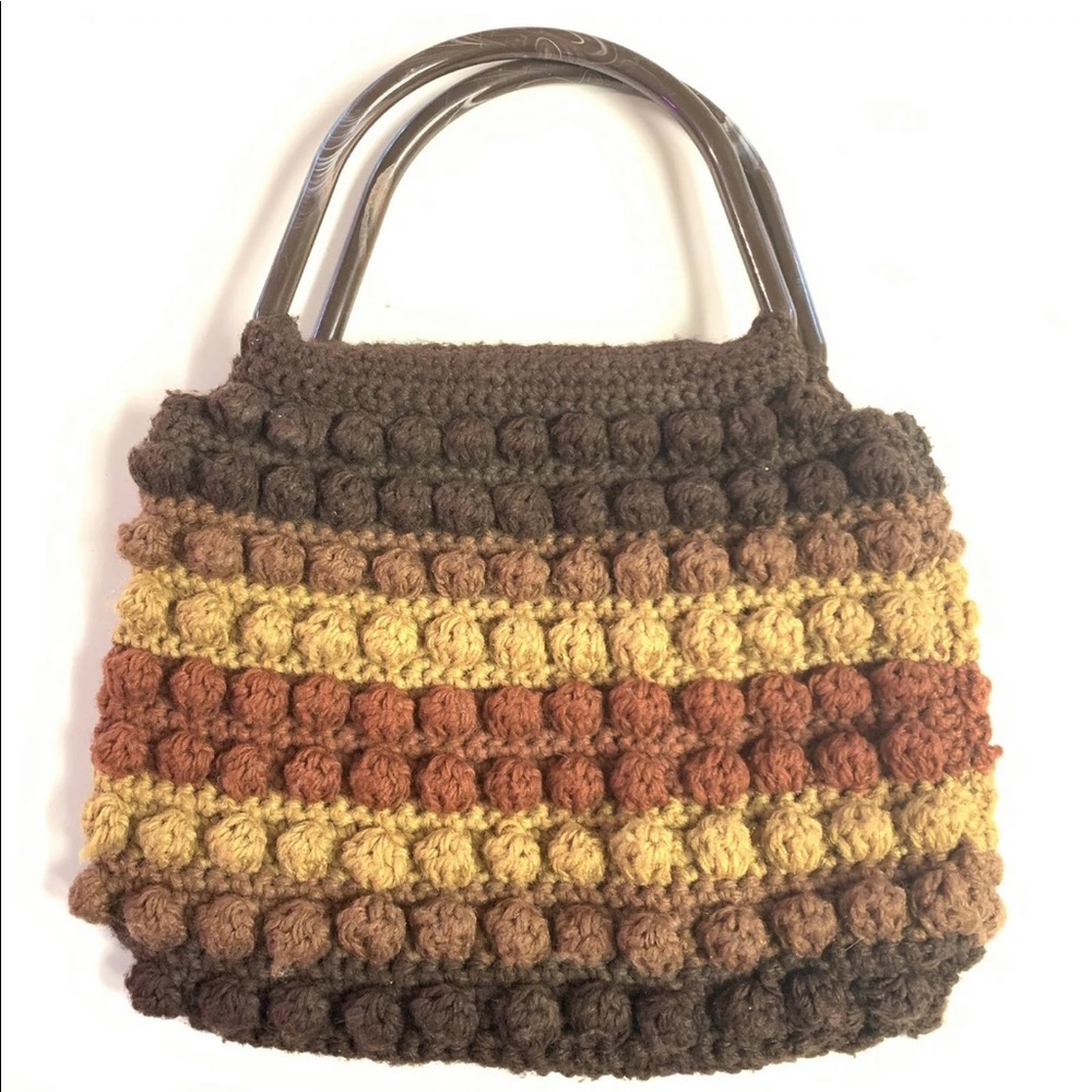 Vintage Retro boho grannycore crochet bobble stitch hand bag purse lined brown